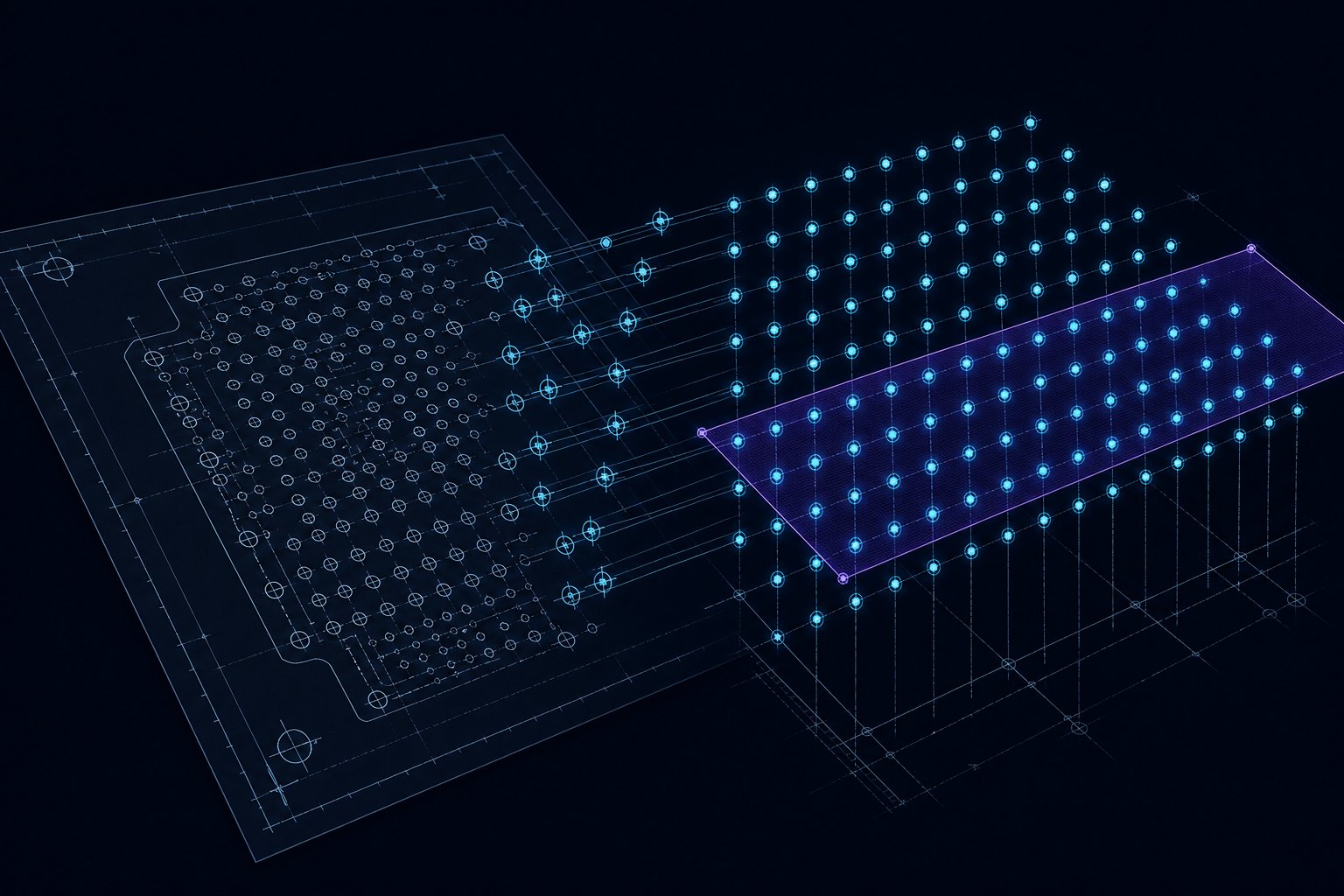 Fixtureless grid inspection — drill-drawing nominals to calibrated pin grid