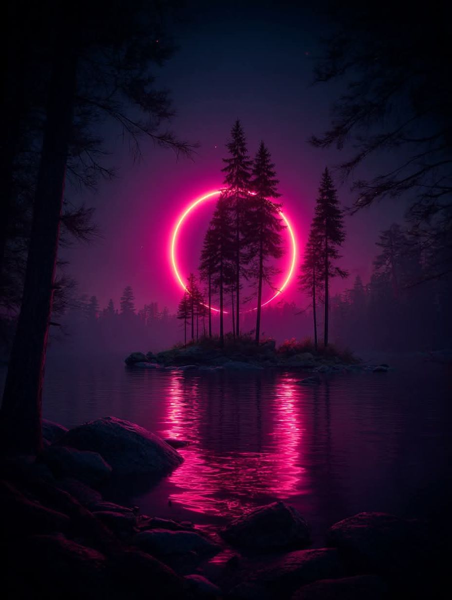 AI art — neon ring over water