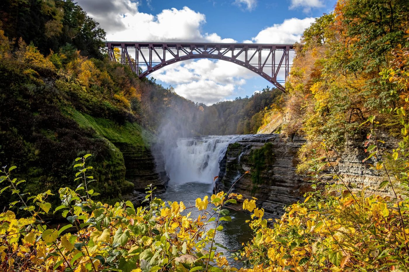 Railroad bridge over an autumn waterfall